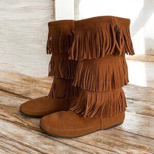 Minnetonka 3 Layer Fringe Suede Moccasin Boots Sz 9